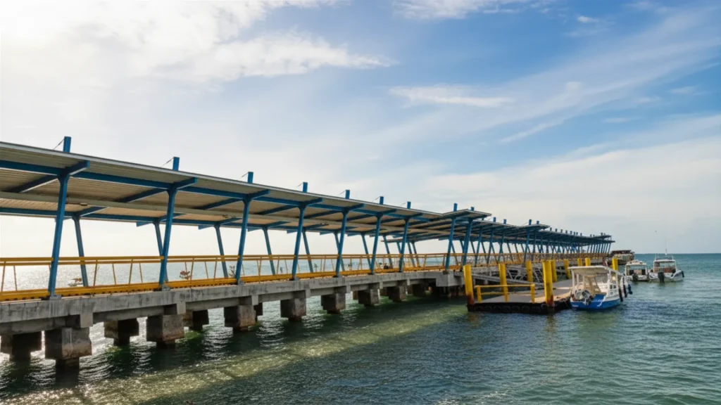 Long covered walkway structure sheltering passengers heading toward the boats in the Bangsal port travel guide section.