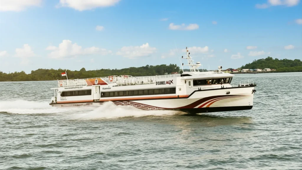 dcamel fast boat alx have boat departure from the harbor, moving smoothly across the coastal waters.