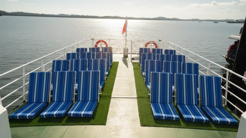 Upper deck outdoor seating area of dcamel fast boat alx offering scenic open-air ocean views for travelers.
