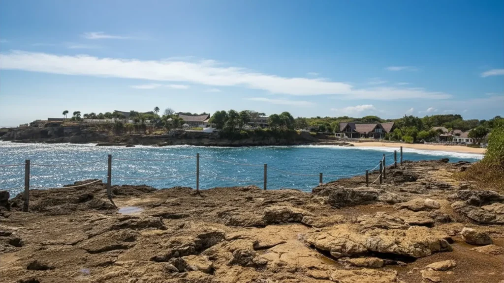 Coastal panorama of the wild, untamed waves breaking near Devil's Tears Nusa Lembongan under a bright sky.