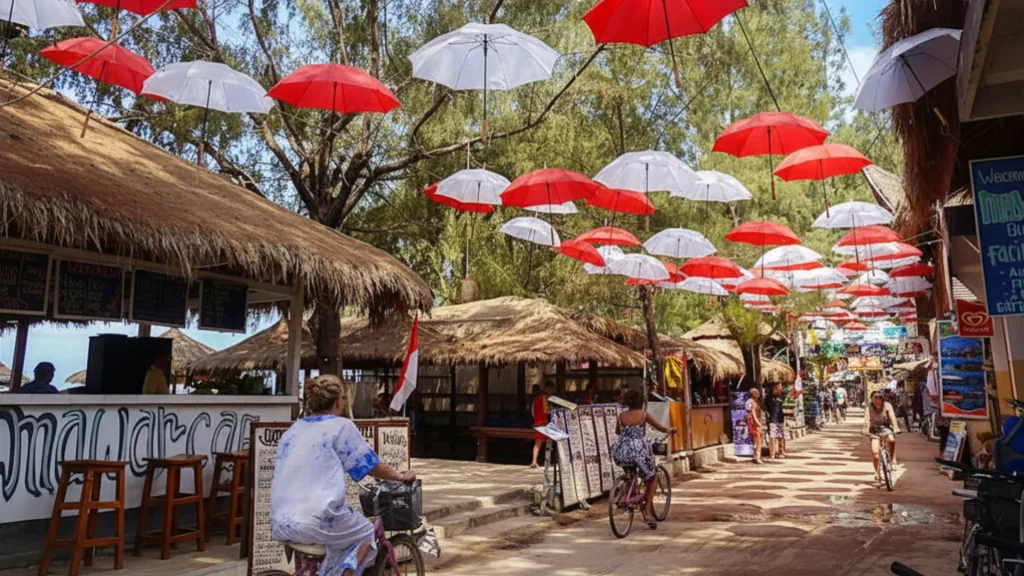 Decorative red and white umbrellas hanging over a beachfront walkway, a charming spot noted in the Gili Island Lombok travel guide.