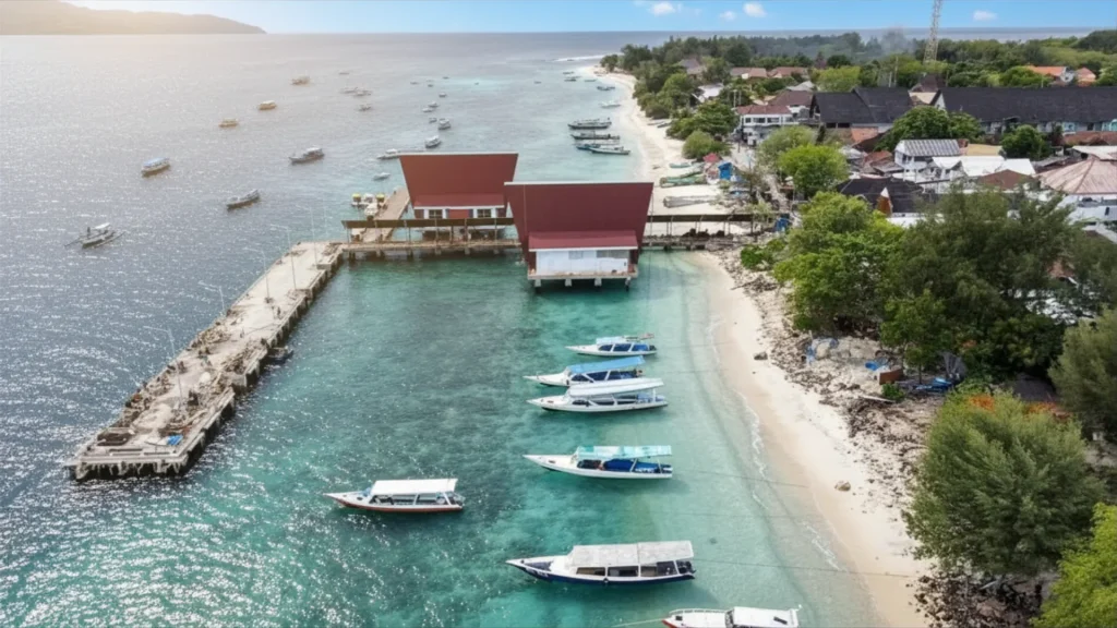 Red-roofed harbor office building and concrete boat jetty projecting into calm waters in the Gili Trawangan port travel guide.