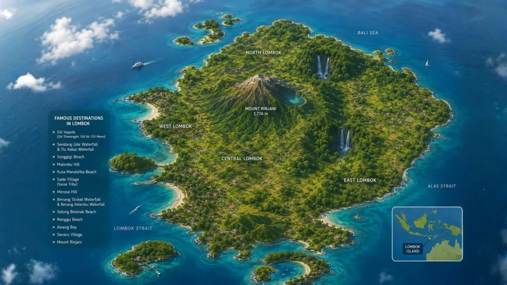 Illustrated 3D map showing the topography, mountains, and coastal highlights for the Lombok Island travel guide.