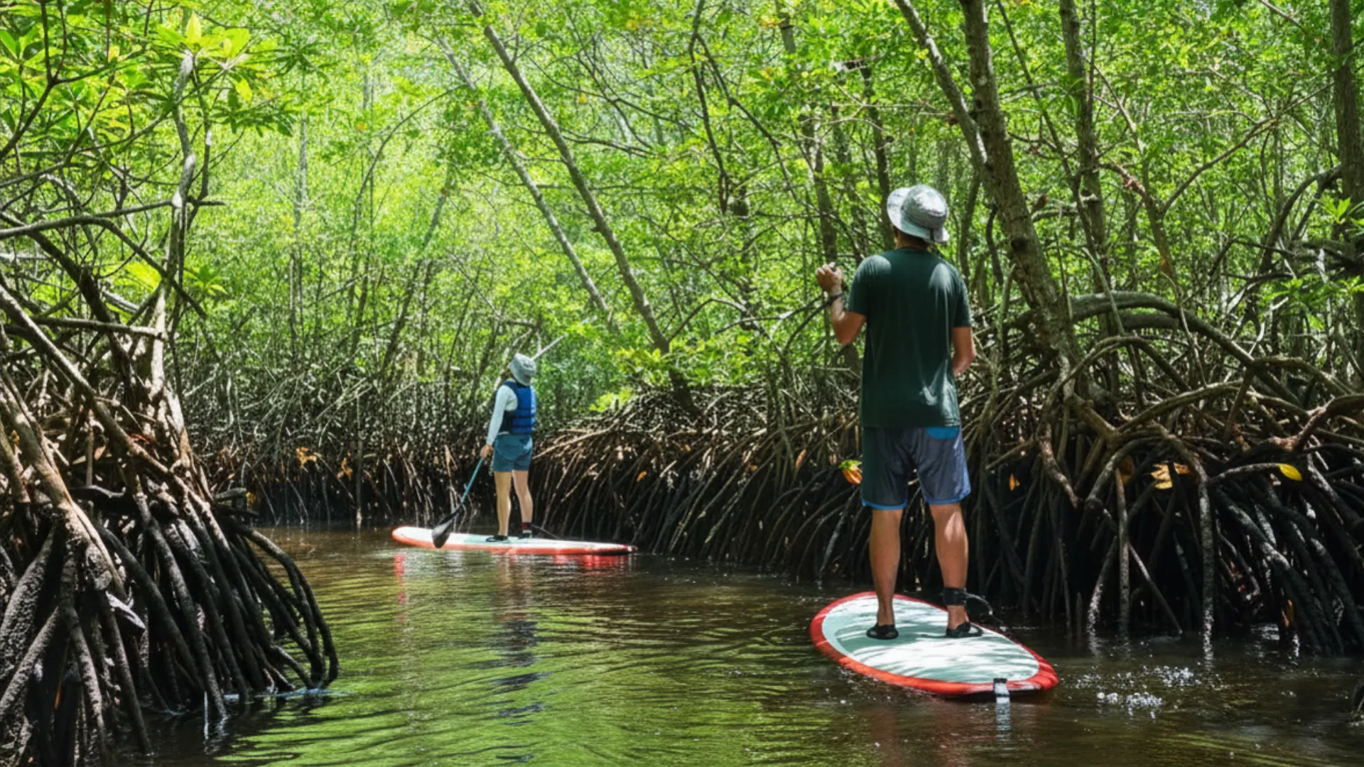Guided boat tour navigating through the dense roots and tranquil waters of Mangrove Forest Nusa Lembongan.