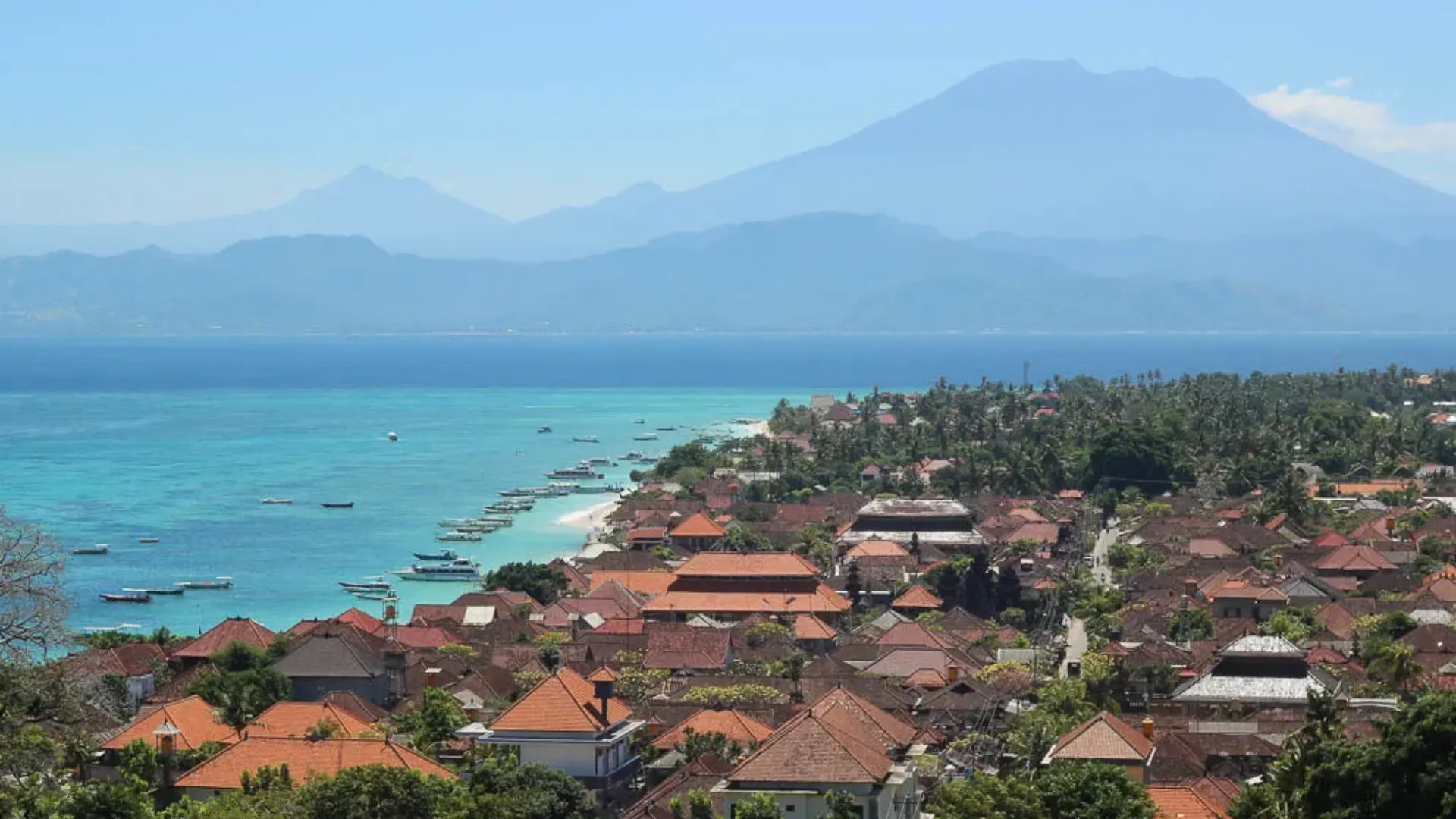 Stunning landscape perspective of Mount Agung visible in the background from Panorama Point Nusa Lembongan.